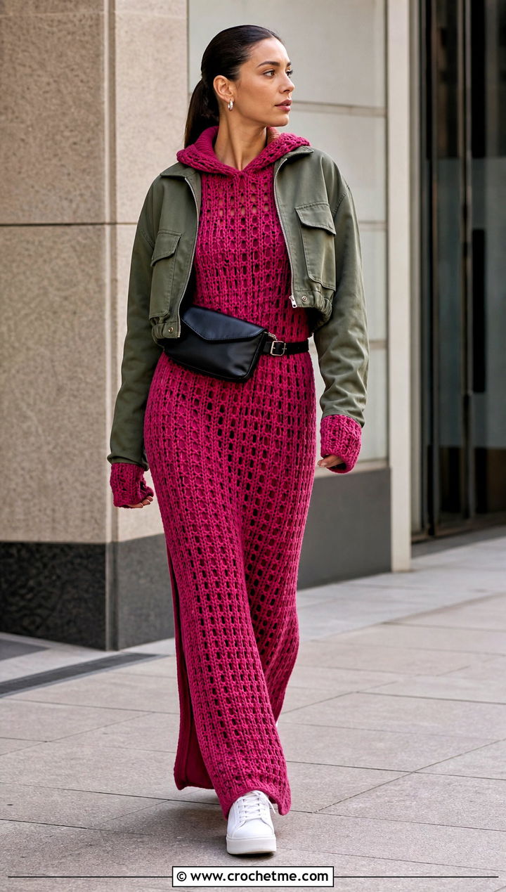 Hooded Crochet Long Dress With Utility Jacket - 25 Crochet Long Dresses outfit ideas