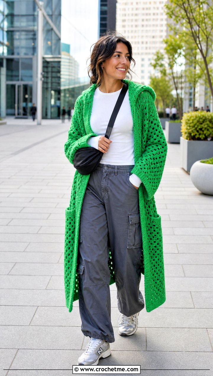 Hooded Crochet Long Jacket With Cargo Pants - 35 crochet long jacket outfit ideas