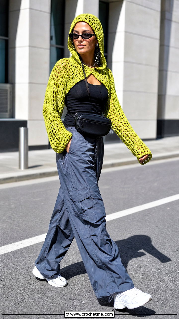Hooded Crochet Long Sleeve Top With Parachute Pants - 35 crochet long sleeve top outfit ideas