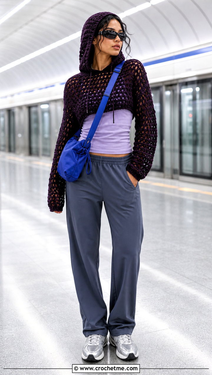 Hooded Crochet Long Sleeve Top With Track Pants - 35 crochet long sleeve tops outfit ideas