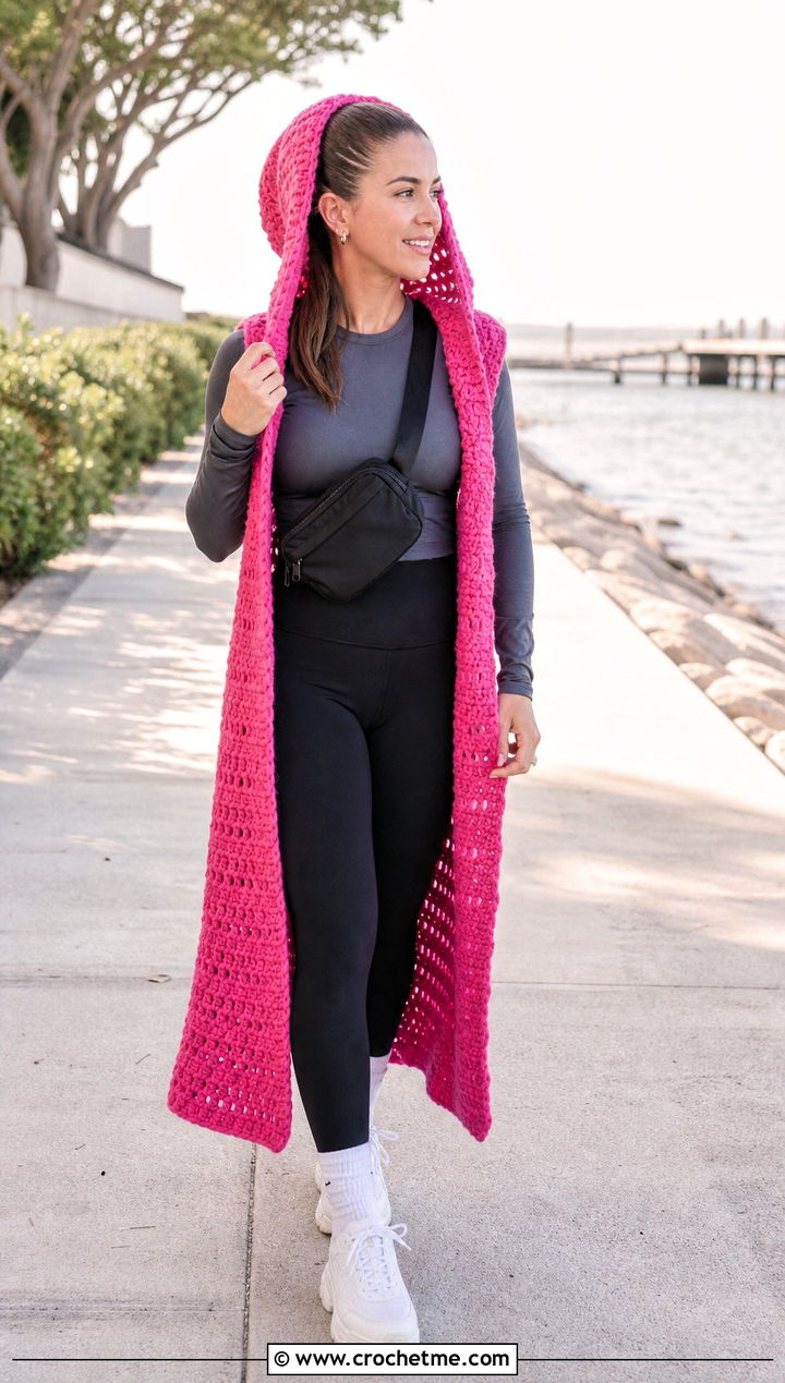 Hooded Crochet Long Vest With Leggings And Sneakers - 25 Easy Crochet Long Vest outfit ideas