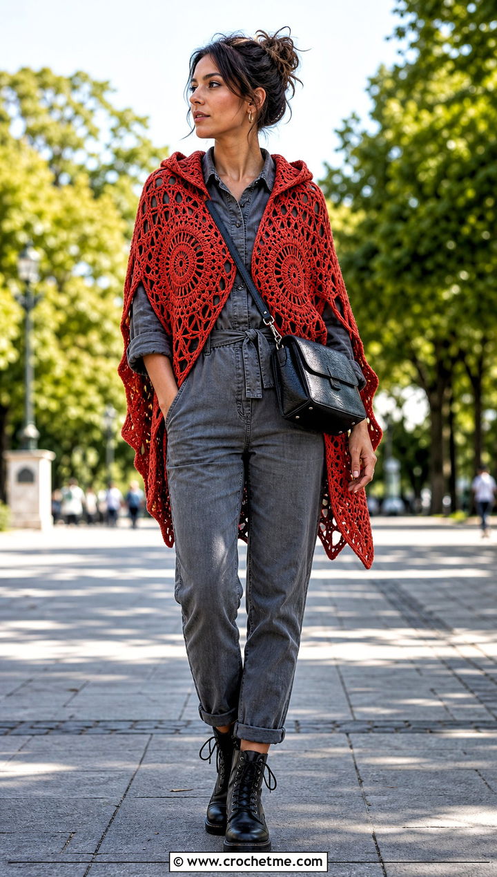 Hooded Crochet Mandala Shawl With Utility Jumpsuit - 25 Crochet Mandala Shawl outfit ideas
