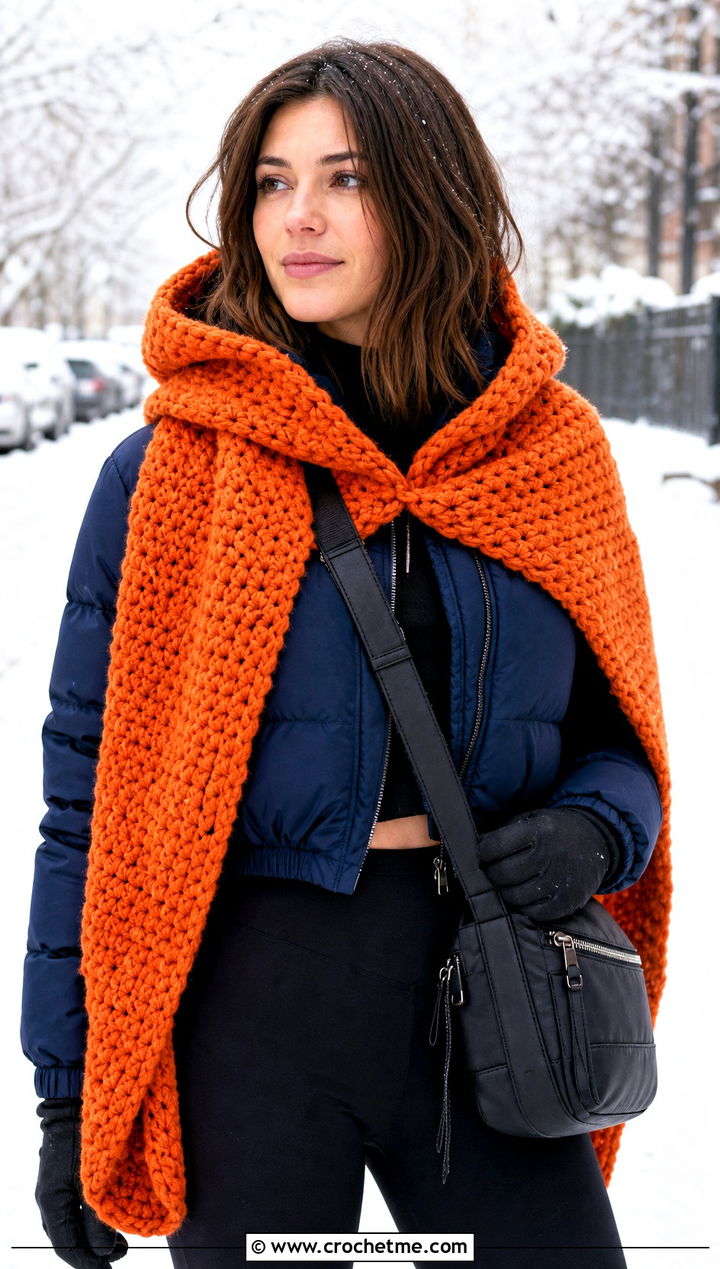 Hooded Crochet Mantle Scarf With Puffer Jacket And Leggings - 20 Crochet Mantle Scarf outfit ideas