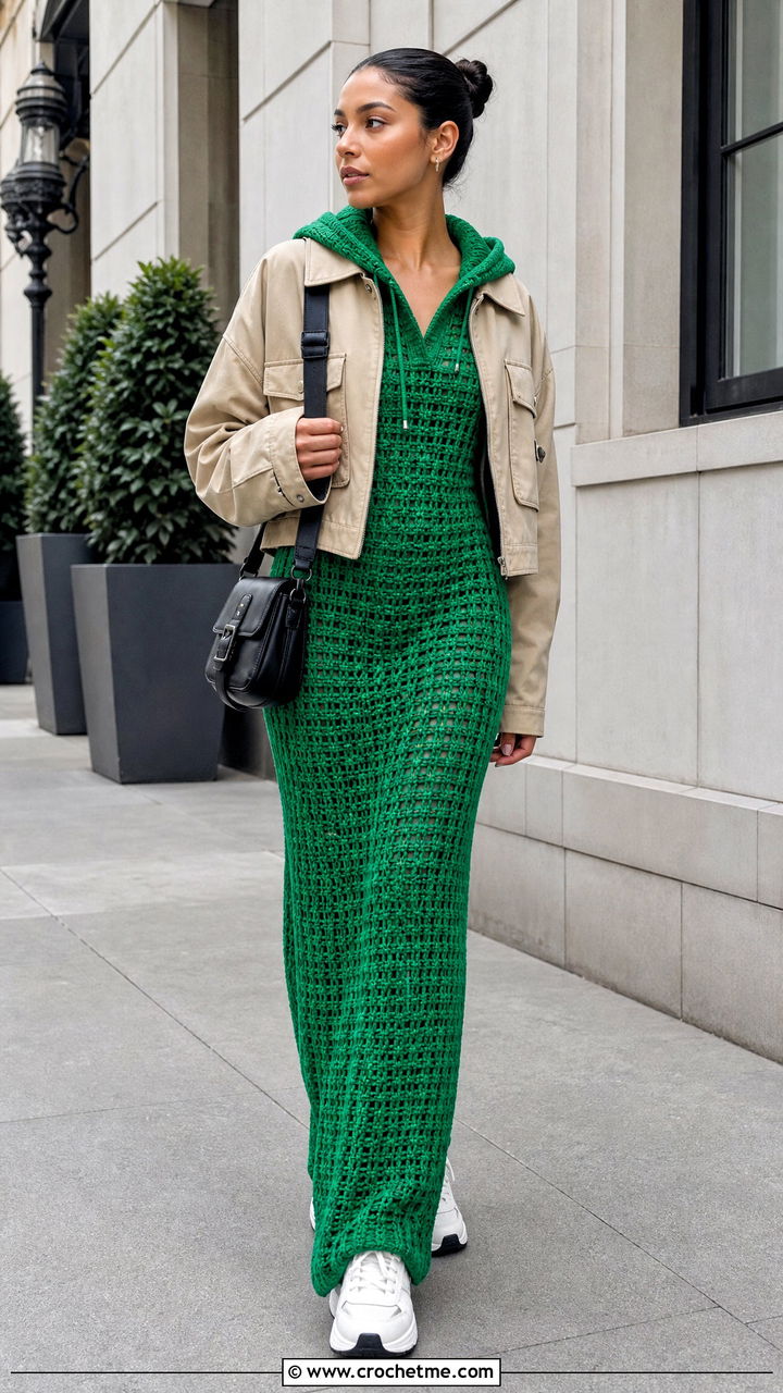 Hooded Crochet Maxi Dress With Cargo Jacket - 35 Crochet Maxi Dress outfit ideas