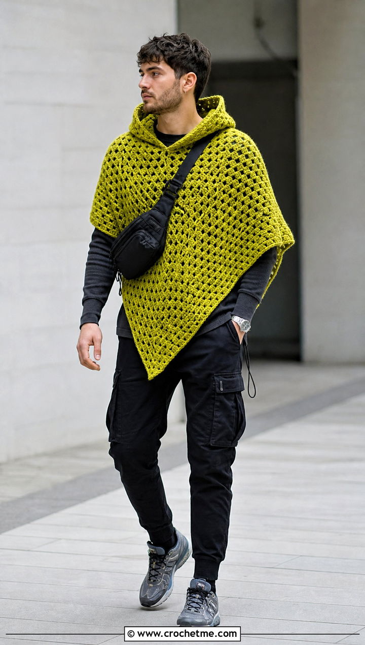 Hooded Crochet Mens Poncho With Cargo Pants - 25 crochet men's poncho outfit ideas