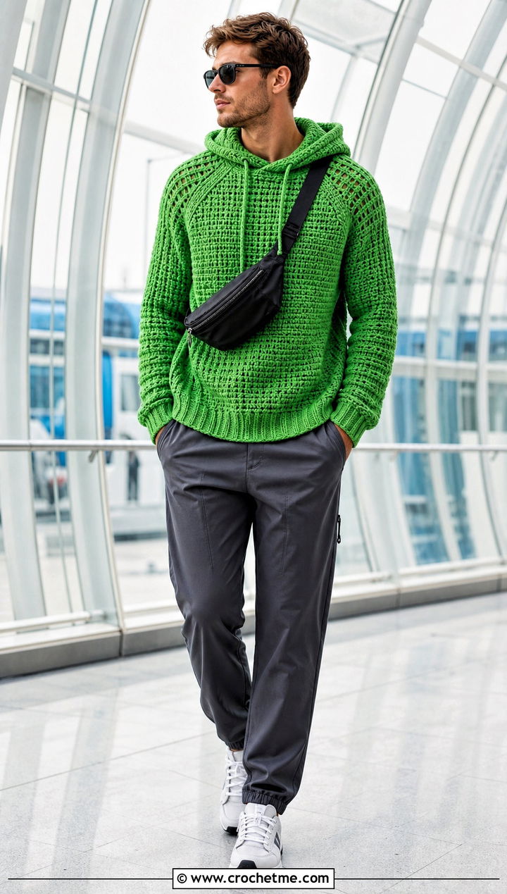 Hooded Crochet Mens Pullover With Track Pants - 15 crochet mens pullover outfit ideas