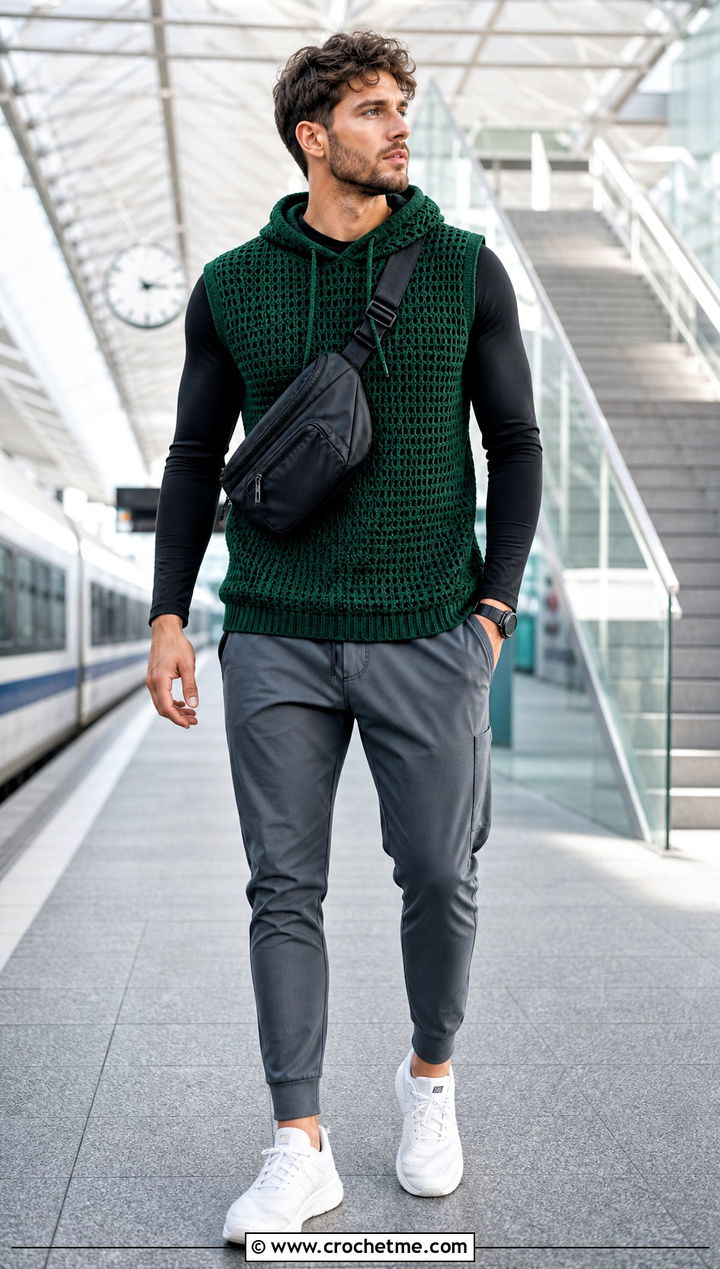 Hooded Crochet Mens Sweater Vest With Joggers - 25 crochet mens sweater vest outfit ideas