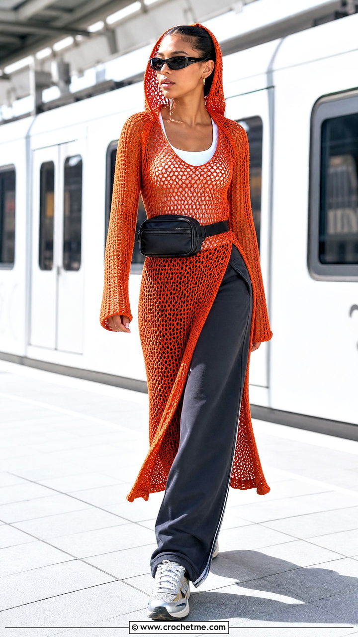 Hooded Crochet Mesh Dress With Track Pants - 35 crochet mesh dress outfit ideas