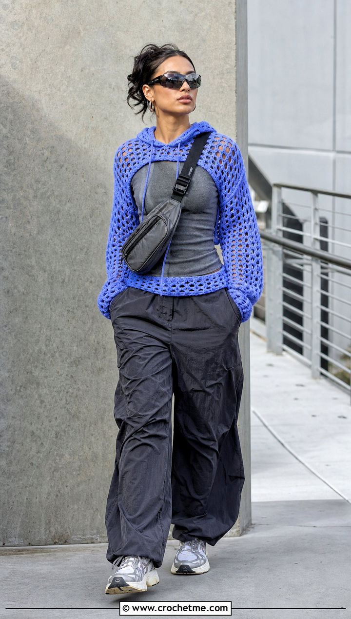 Hooded Crochet Mesh Jumper With Parachute Pants - 30 crochet mesh jumper outfit ideas