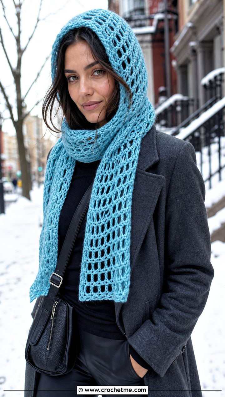 Hooded Crochet Mesh Scarf With Long Coat And Leggings - 25 Crochet Mesh Scarf outfit ideas