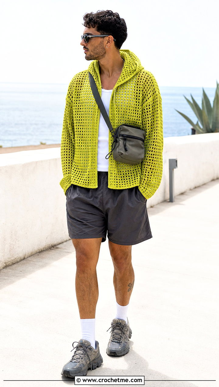 Hooded Crochet Mesh Shirt With Nylon Shorts - 25 Men Crochet Mesh Shirt outfit ideas