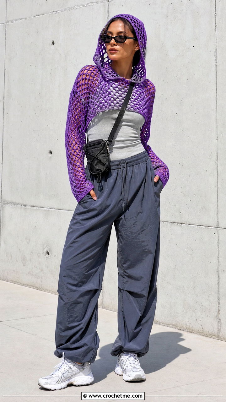 Hooded Crochet Mesh Top With Parachute Pants - 35 crochet mesh top outfit ideas