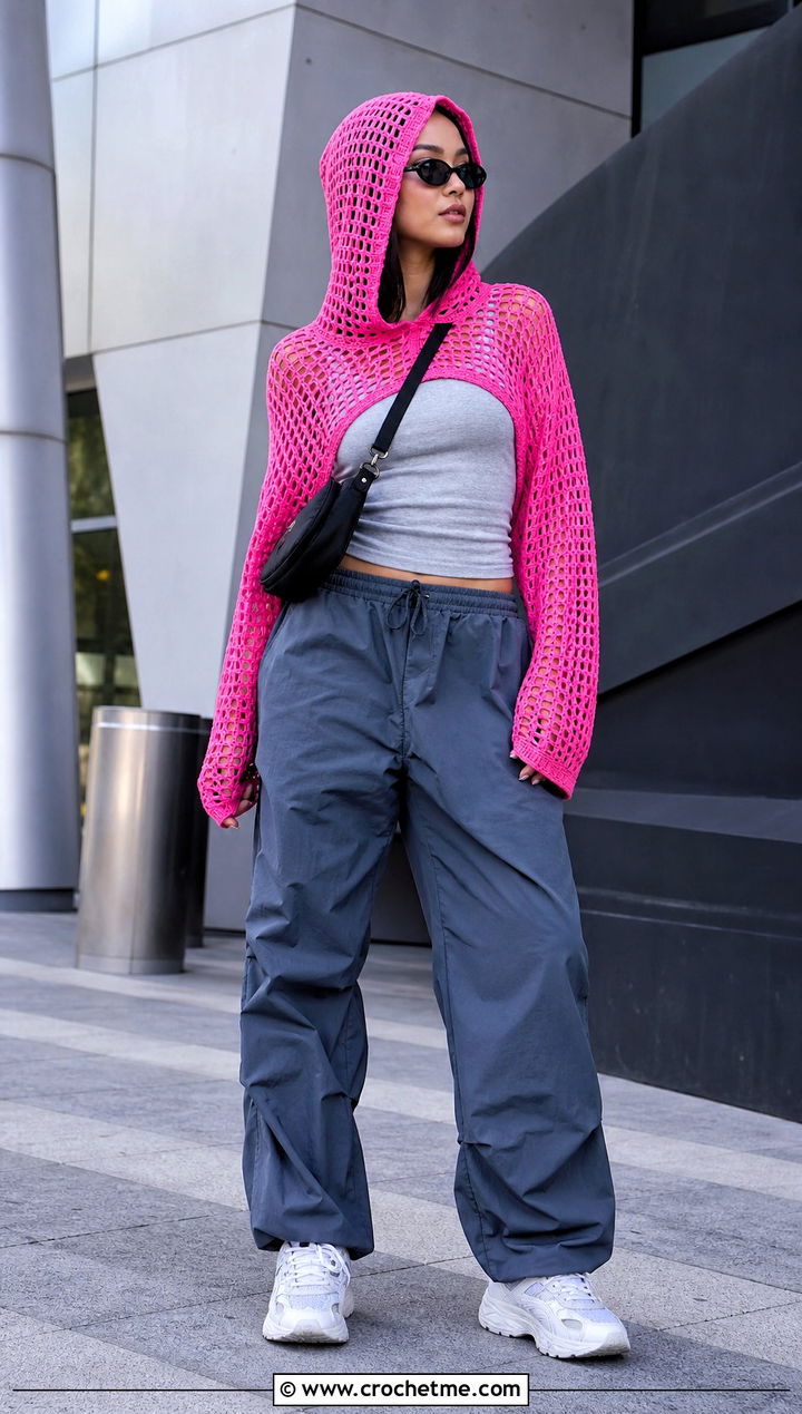 Hooded Crochet Mesh Top With Parachute Pants - 25 Cute Crochet Mesh Top outfit ideas