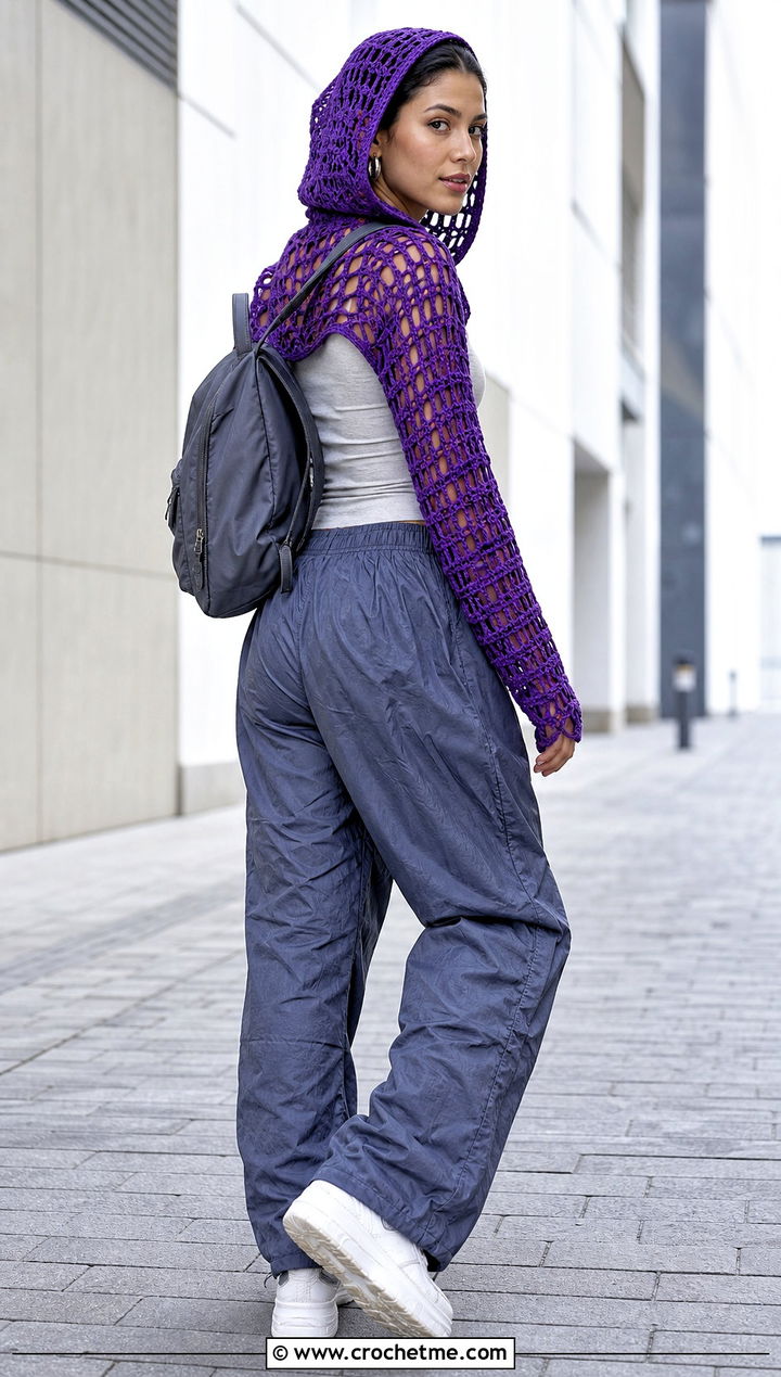 Hooded Crochet Mesh Top With Parachute Pants - 30 long sleeve crochet mesh top outfit ideas