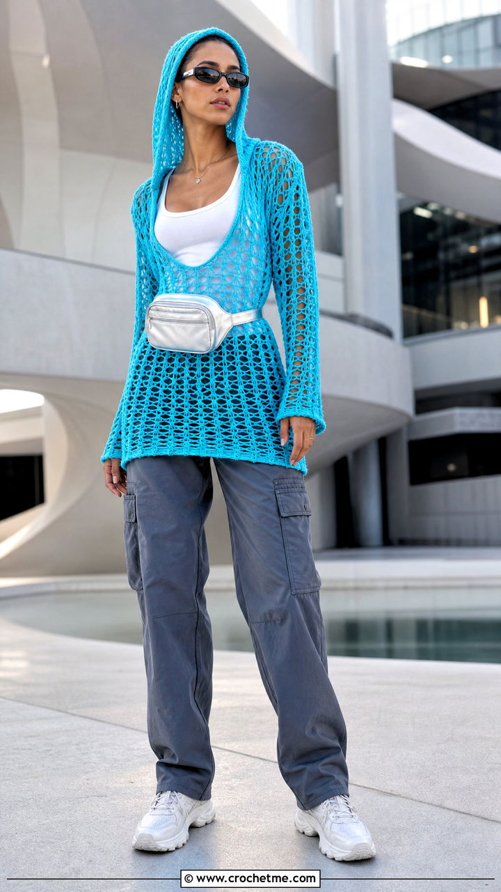Hooded Crochet Mini Dress With Cargo Pants - 35 crochet dress inspo outfit ideas