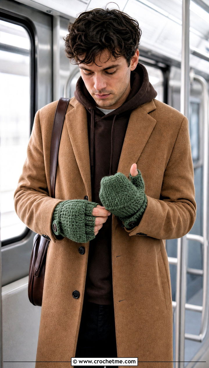 Hooded Crochet Mittens With Camel Coat - 25 crochet mittens for men outfit ideas