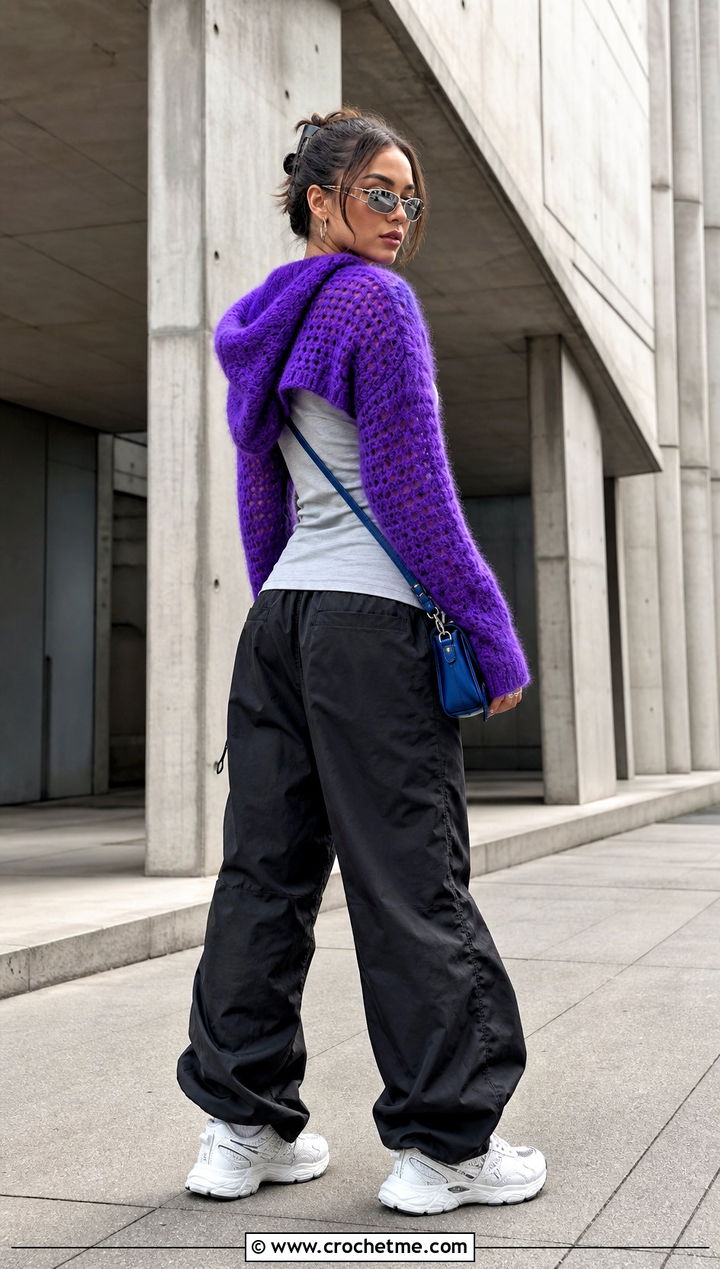 Hooded Crochet Mohair Bolero With Parachute Pants - 30 crochet mohair bolero outfit ideas