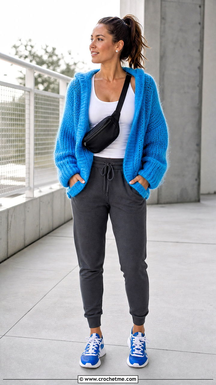 Hooded Crochet Mohair Cardigan With Joggers - 35 crochet mohair cardigan outfit ideas