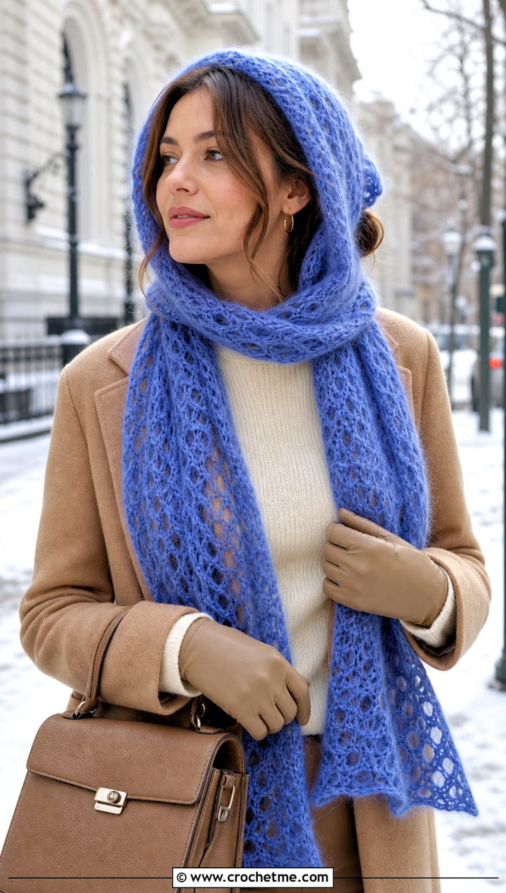 Hooded Crochet Mohair Scarf With Long Coat - 30 crochet mohair scarf outfit ideas