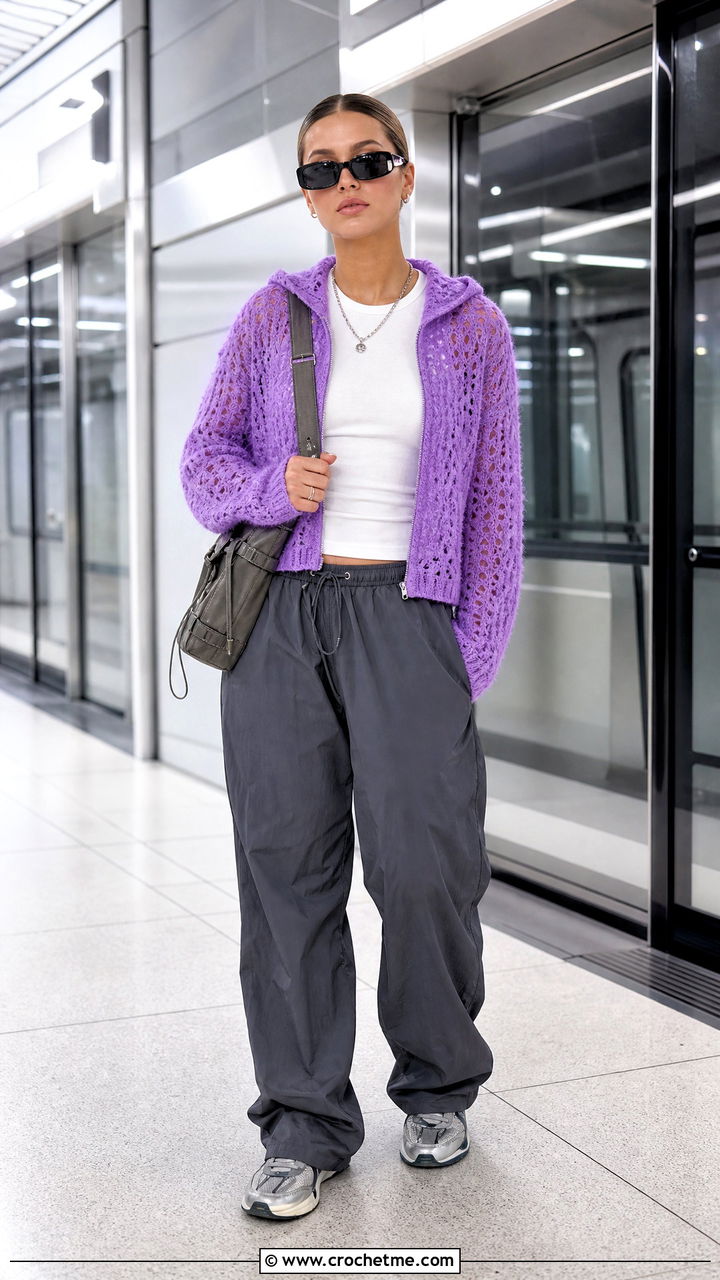 Hooded Crochet Mohair Top With Parachute Pants - 35 crochet mohair top outfit ideas