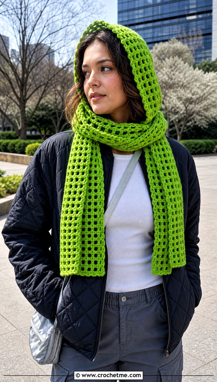 Hooded Crochet Mood Scarf With Quilted Jacket And Cargo Pants - 15 Crochet Mood Scarf outfit ideas