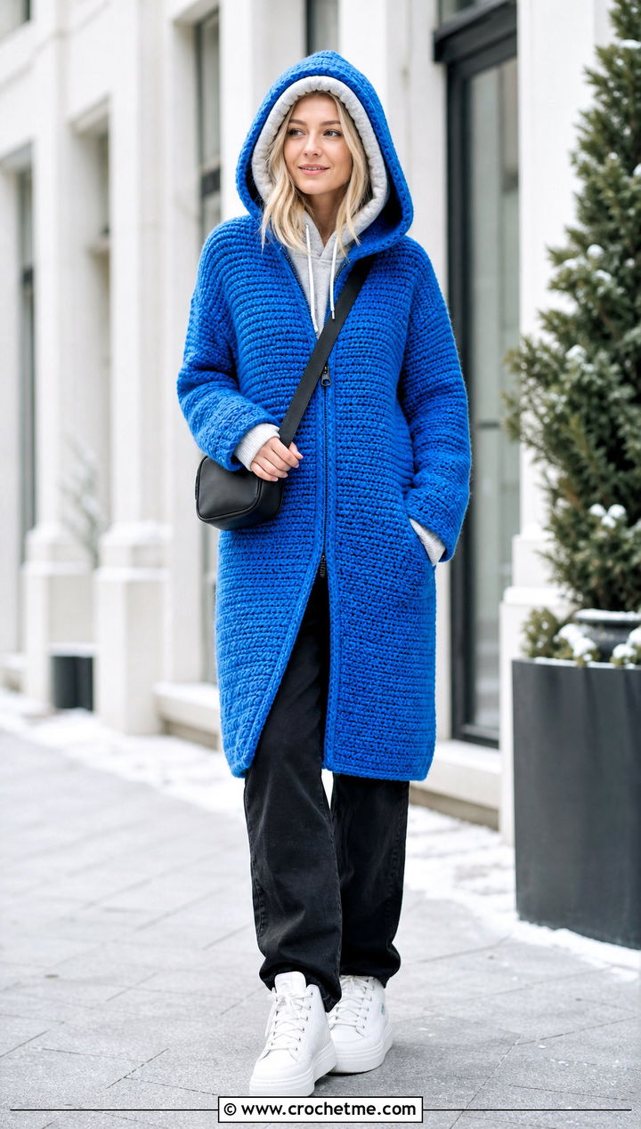 Hooded Crochet One Piece Cardigan With Hoodie And Jeans - 30 crochet one piece cardigan outfit ideas