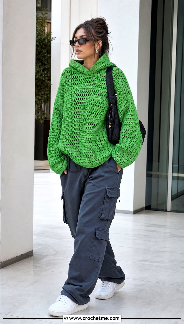 Hooded Crochet Oversized Sweater With Cargo Pants - 20 Easy Crochet Oversized Sweater outfit ideas
