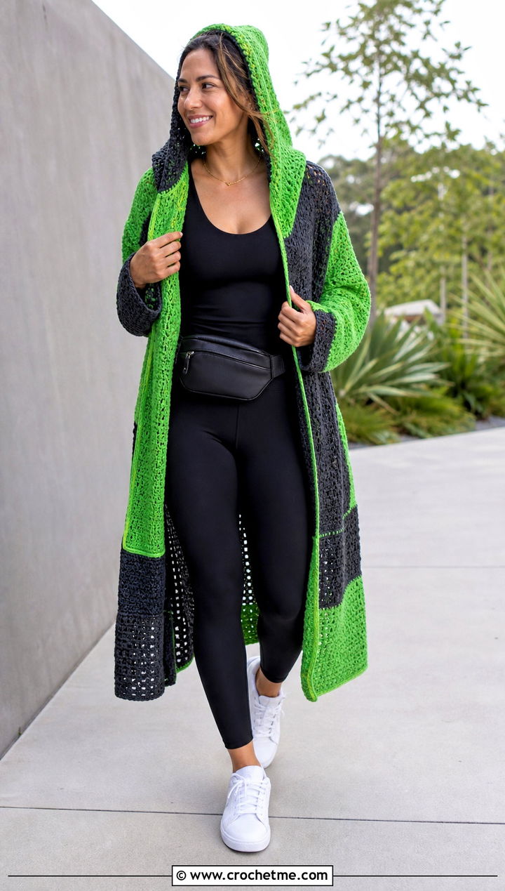 Hooded Crochet Patched Cardigan With Leggings - 20 Crochet Patched Cardigan outfit ideas