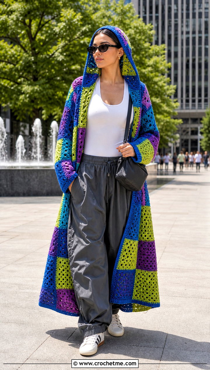 Hooded Crochet Patchwork Blanket With Parachute Pants - 25 crochet hoodie blanket outfit ideas