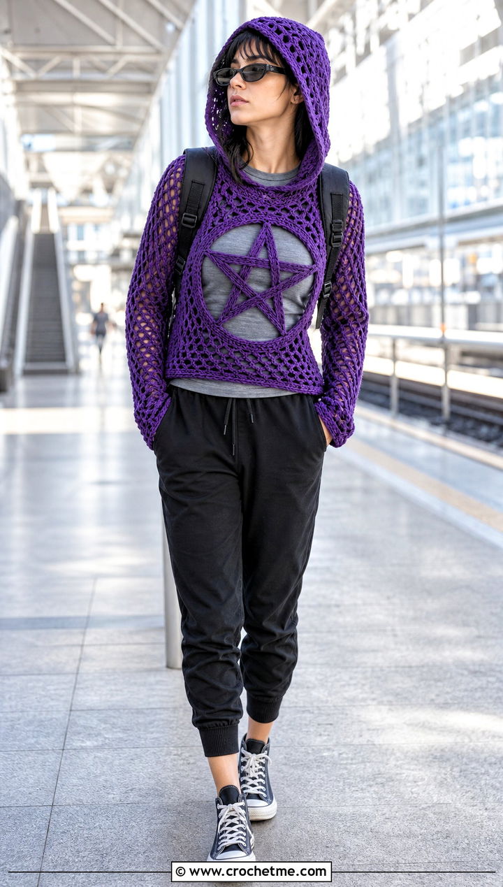Hooded Crochet Pentagram Top With Jogger Pants - 30 crochet pentagram top outfit ideas