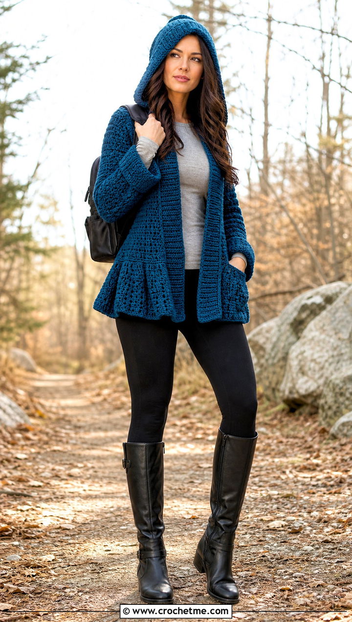 Hooded Crochet Peplum Cardigan With Leggings And Riding Boots - 25 Crochet Peplum Cardigan outfit ideas