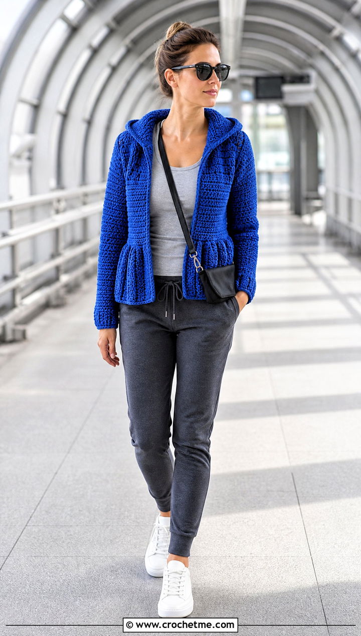 Hooded Crochet Peplum Jacket With Joggers - 15 crochet peplum jacket outfit ideas