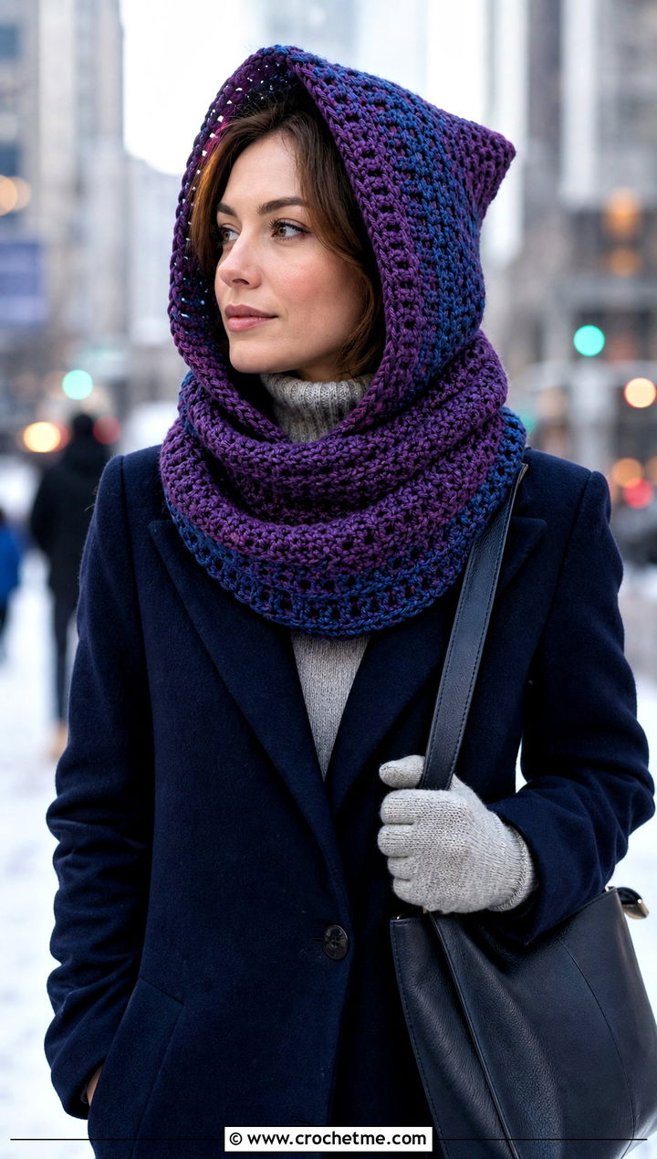 Hooded Crochet Pixie Cowl With Long Coat - 30 crochet pixie hat outfit ideas