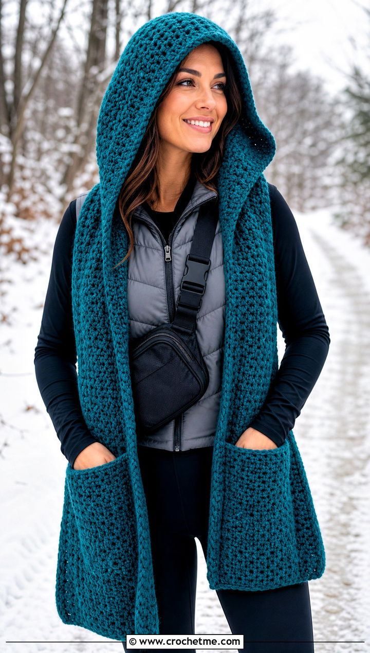 Hooded Crochet Pocket Scarf With Leggings - 15 Crochet Scarf With Hand Pockets outfit ideas