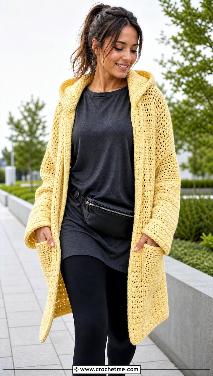 Hooded Crochet Pocket Shawl With Black Leggings - 25 Crochet Pocket Scarf Shawl outfit ideas