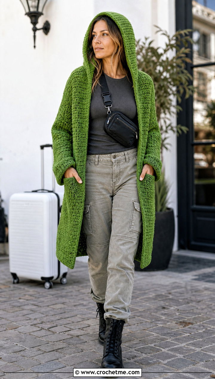 Hooded Crochet Pocket Shawl With Cargo Pants - 35 crochet wrap with pockets outfit ideas