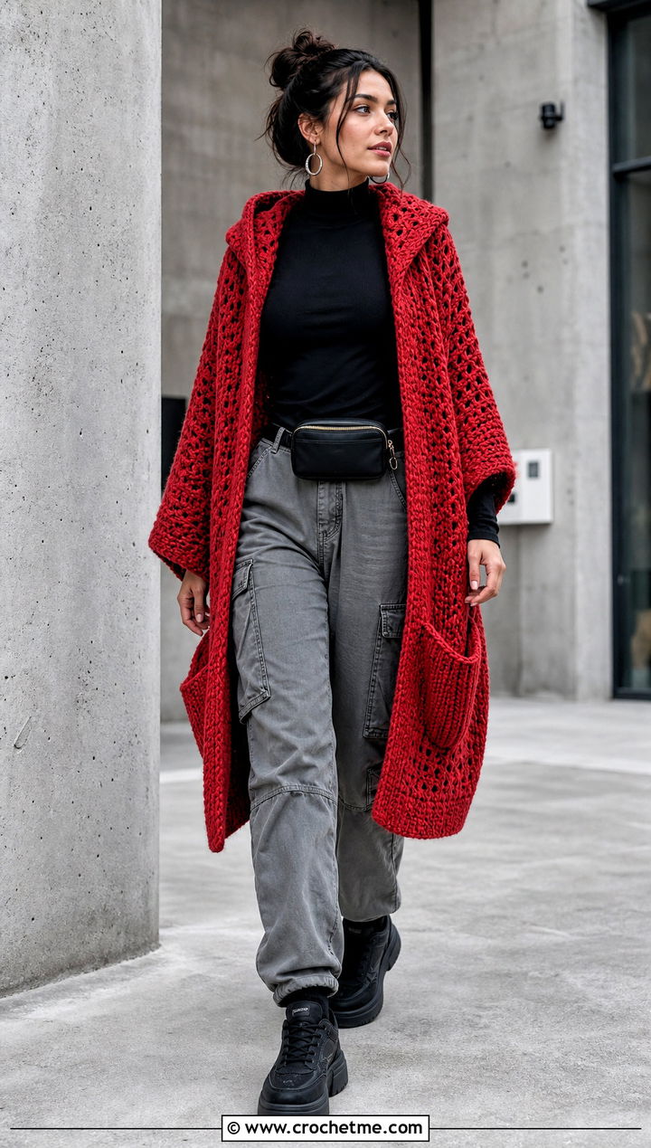 Hooded Crochet Pocket Shawl With Cargo Pants - 25 Easy Crochet Shawl With Pockets outfit ideas