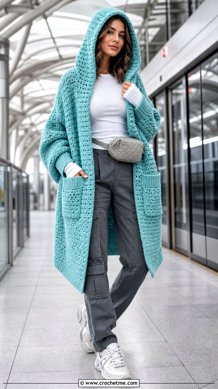 Hooded Crochet Pocket Shawl With Cargo Pants - 35 crochet pocket shawl outfit ideas
