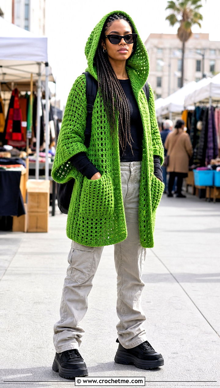 Hooded Crochet Pocket Wrap With Cargo Pants - 15 Crochet Shawls And Wraps With Pockets outfit ideas