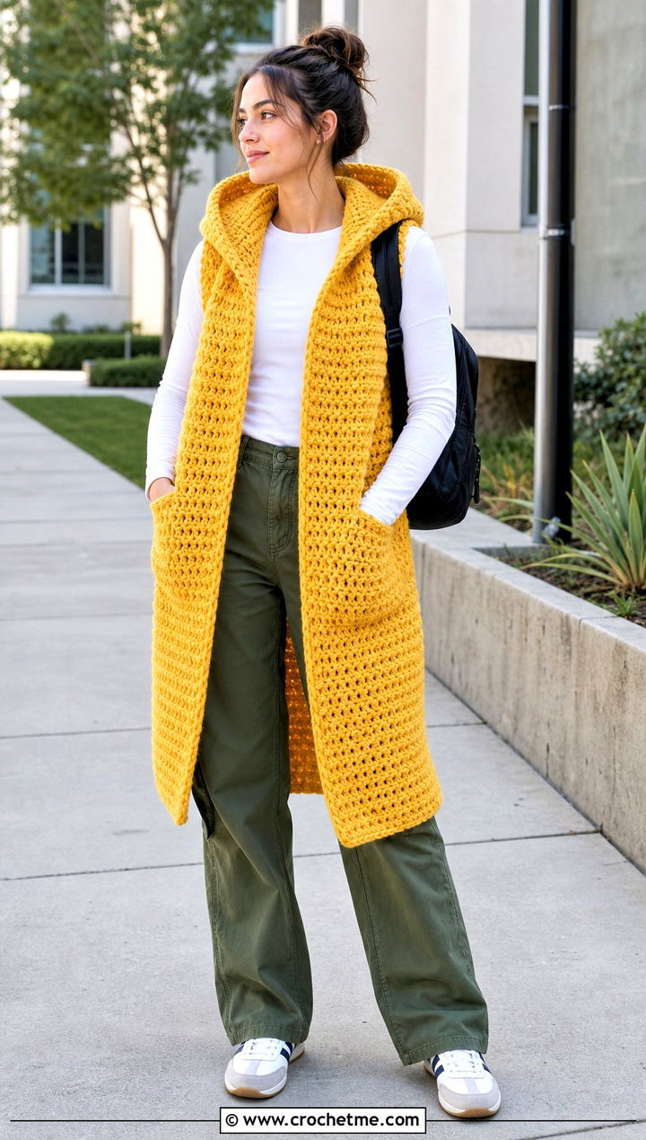 Hooded Crochet Pocket Wrap With Cargo Pants - 25 Crochet Pocket Wrap outfit ideas