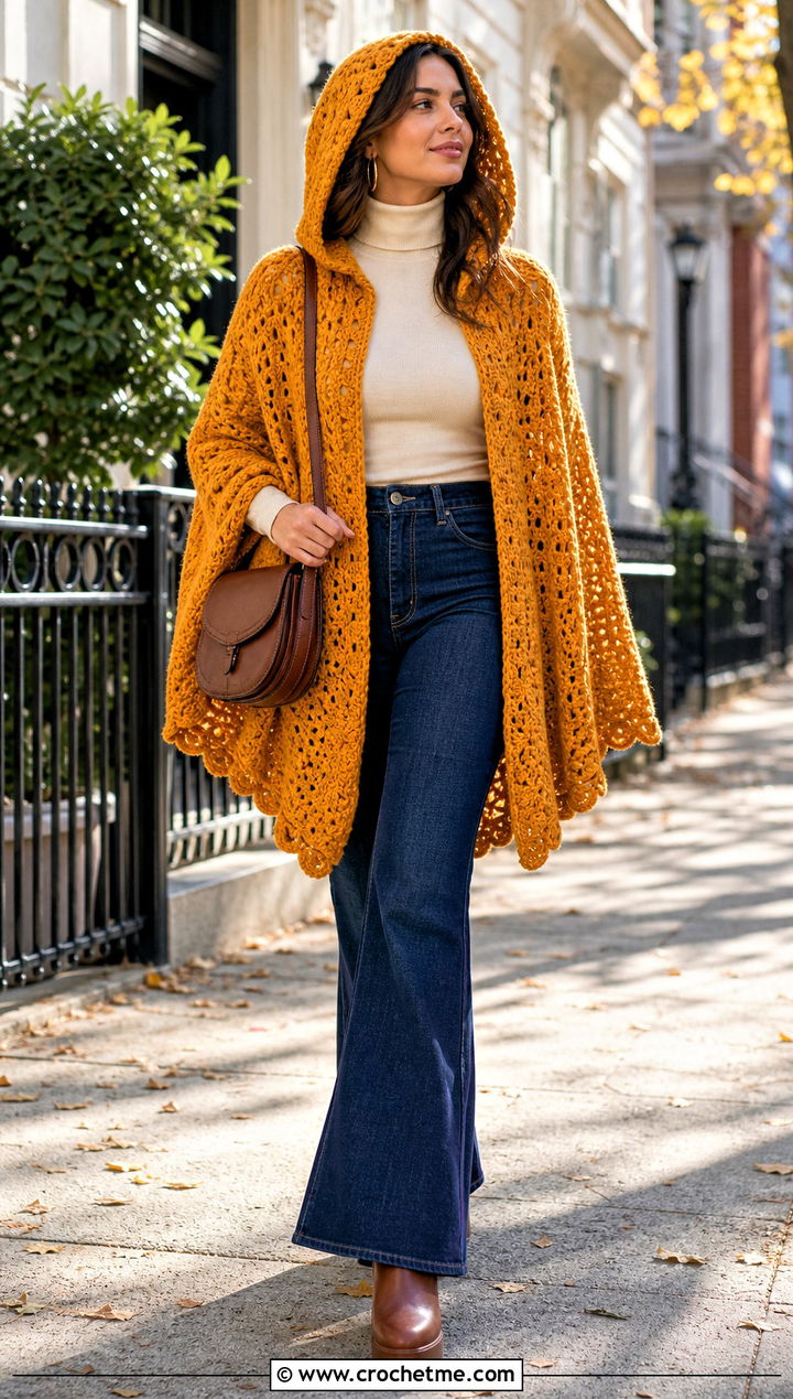 Hooded Crochet Poncho Cape With Flare Jeans - 25 Hooded Crochet Cape outfit ideas