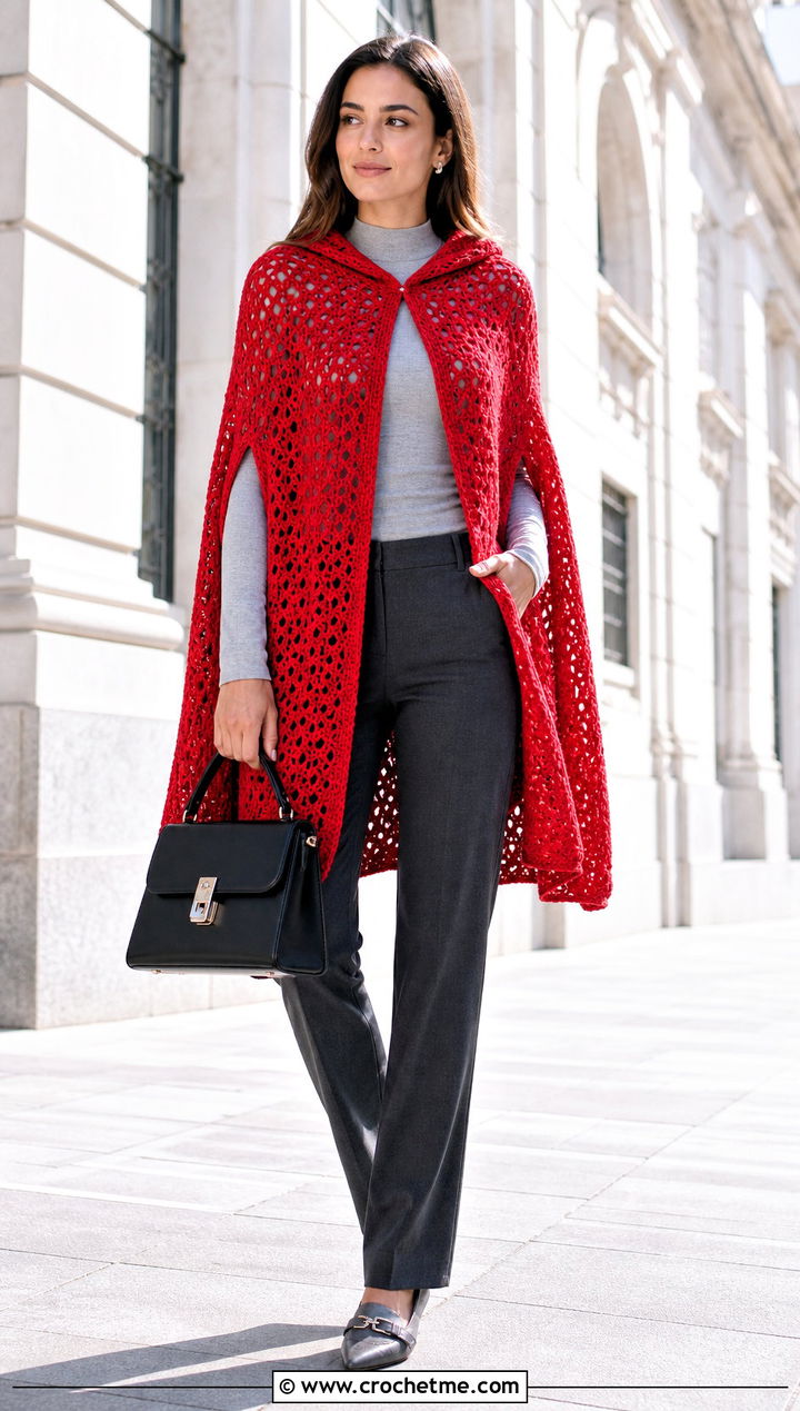 Hooded Crochet Poncho Cape With Straight Leg Trousers - 25 Long Hooded Crochet Cape outfit ideas