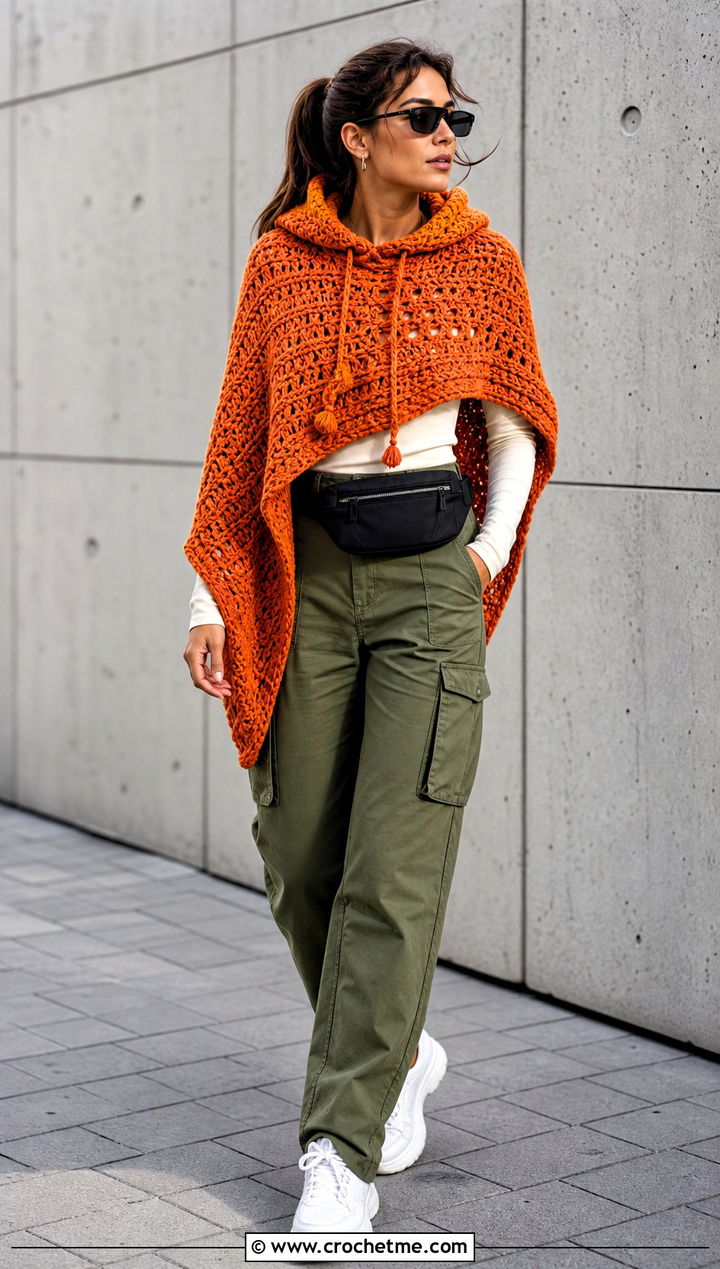 Hooded Crochet Poncho Shawl With Cargo Pants - 20 crochet poncho shawl outfit ideas