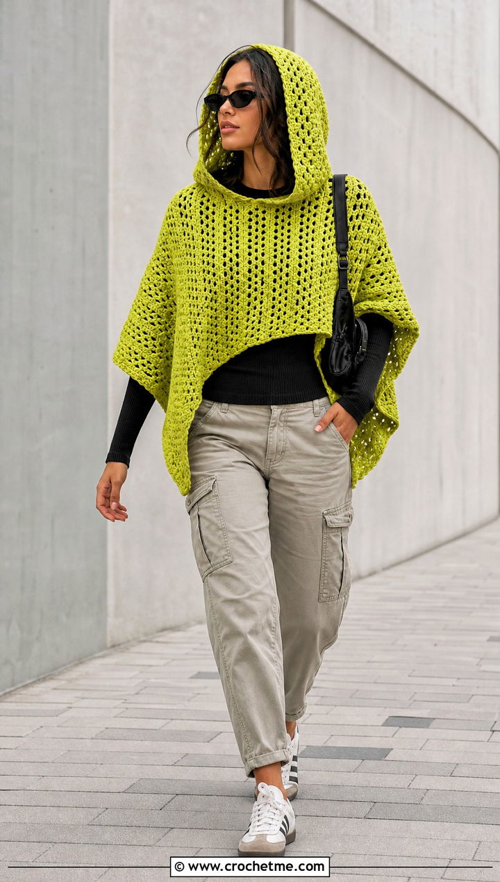 Hooded Crochet Poncho Sweater With Cargo Pants - 35 crochet poncho sweater outfit ideas
