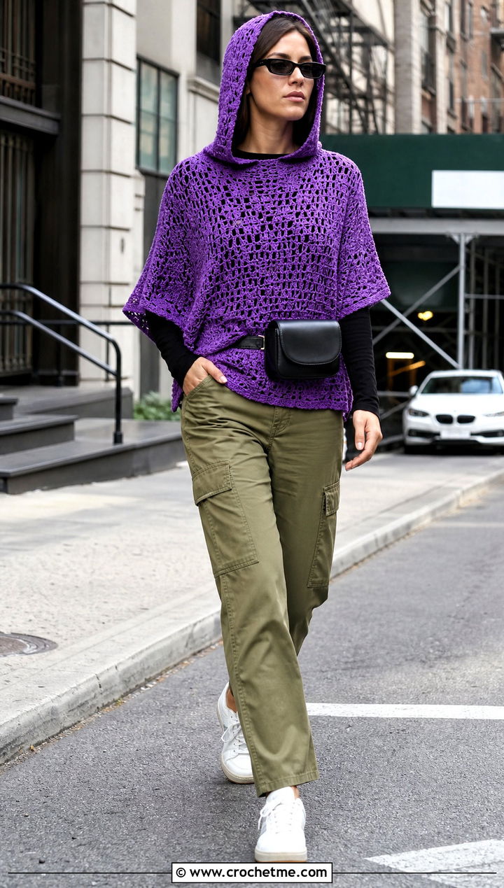 Hooded Crochet Poncho Top With Cargo Pants - 25 Crochet Poncho Top outfit ideas