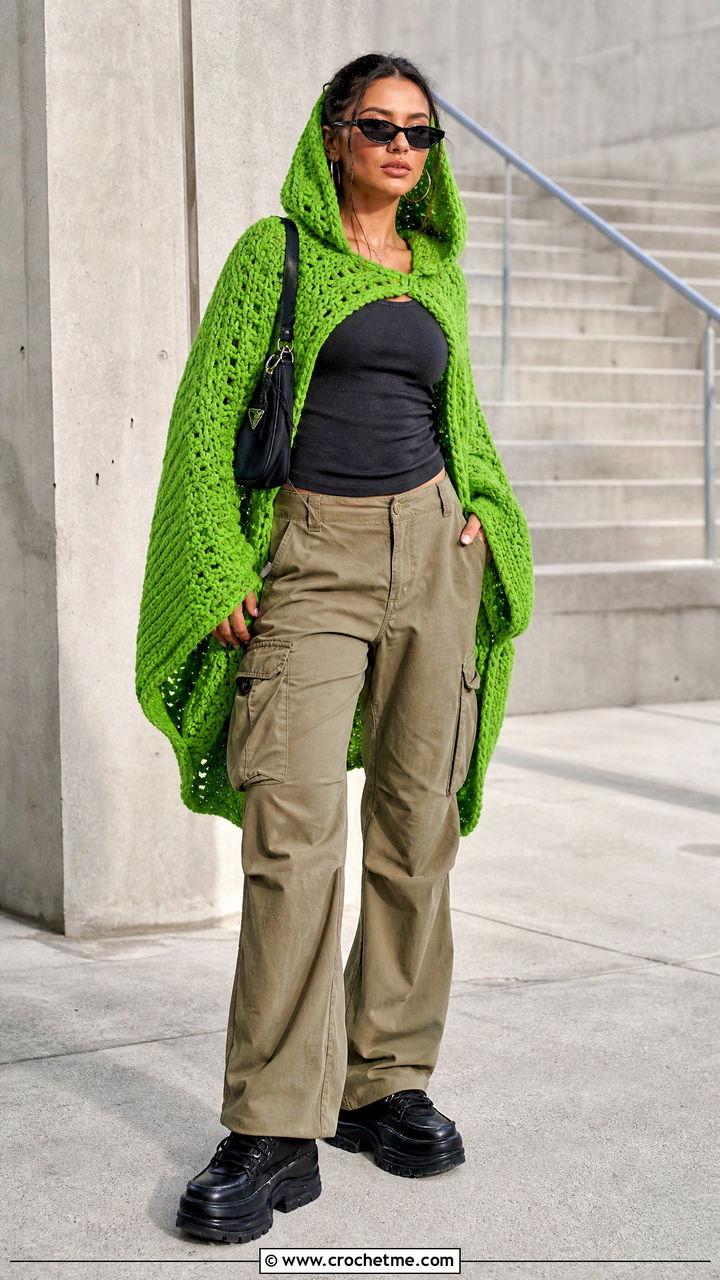 Hooded Crochet Poncho With Cargo Pants - 35 easy crochet poncho outfit ideas