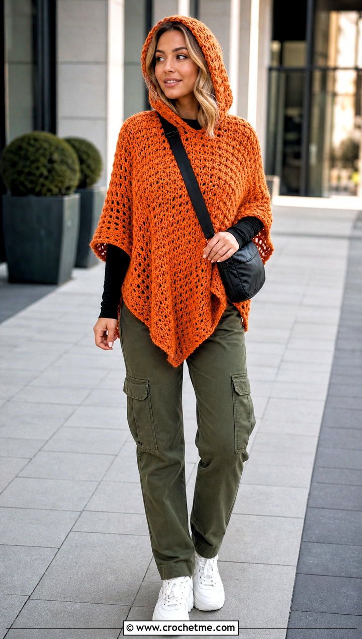 Hooded Crochet Poncho With Cargo Pants - 25 Beginner Crochet Poncho outfit ideas
