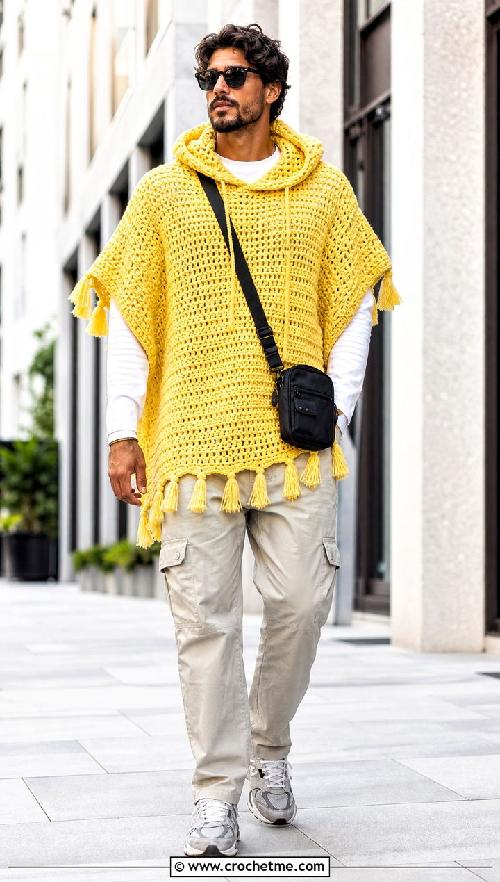 Hooded Crochet Poncho With Cargo Pants - 25 mens crochet poncho outfit ideas
