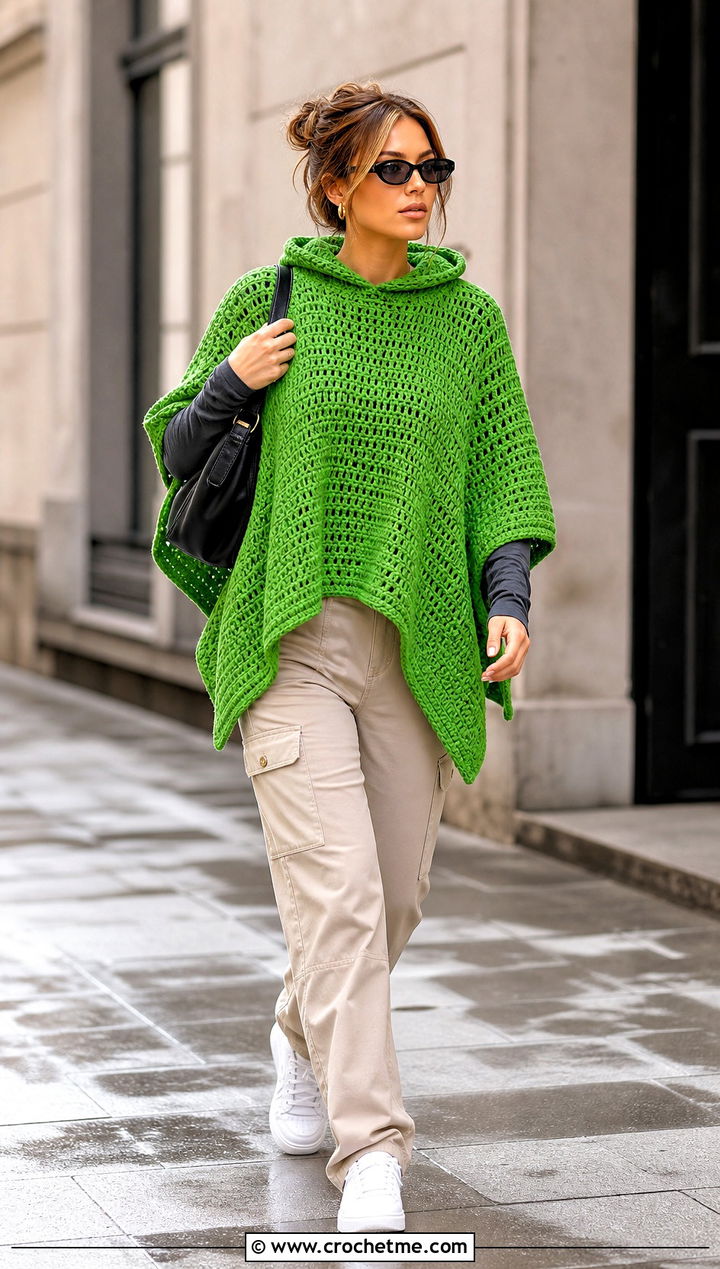Hooded Crochet Poncho With Cargo Pants - 15 Modern Crochet Poncho outfit ideas