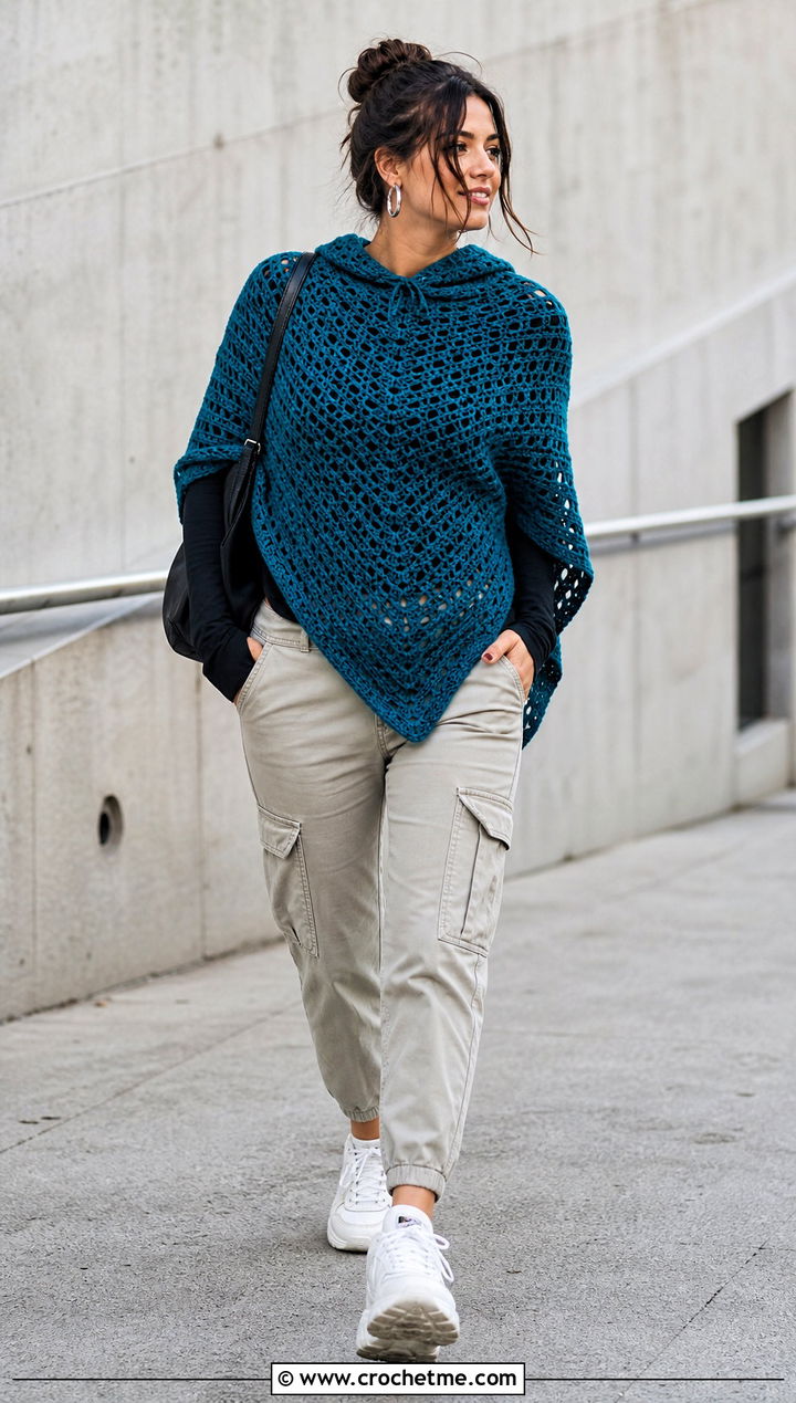 Hooded Crochet Poncho With Cargo Pants - 25 Crochet For Poncho outfit ideas